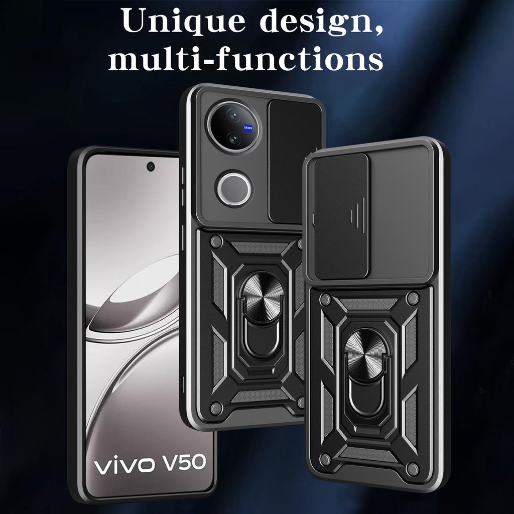 For Vivo V50 5G Case with Slide Camera Lid PC+TPU Kickstand Phone Cover