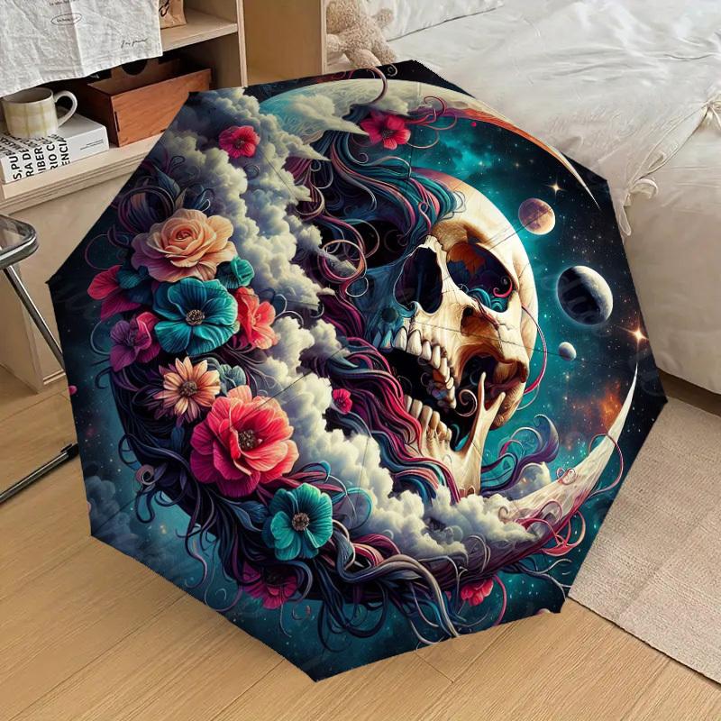 1pc Floral Cosmic Skull Yin-Yang Umbrella with Plastic Handle,Suitable for All Seasons Home Travel Outdoor UmbrellaDD1570