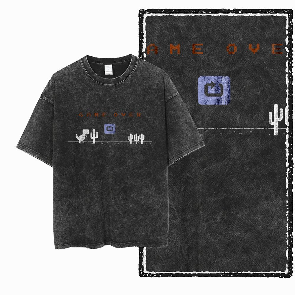 ZH DINO GAME THEME Printed Cotton Acid Washed Exclusive Graphic Unisex T Shirt Cool Streetwear Men Tshirts Big Size Tee for men