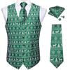 Christmas Men's Suit Vest Set Silk Tie Handkerchief Cufflinks Set Green Tree Elk Snowflake Print Party Dress Vest