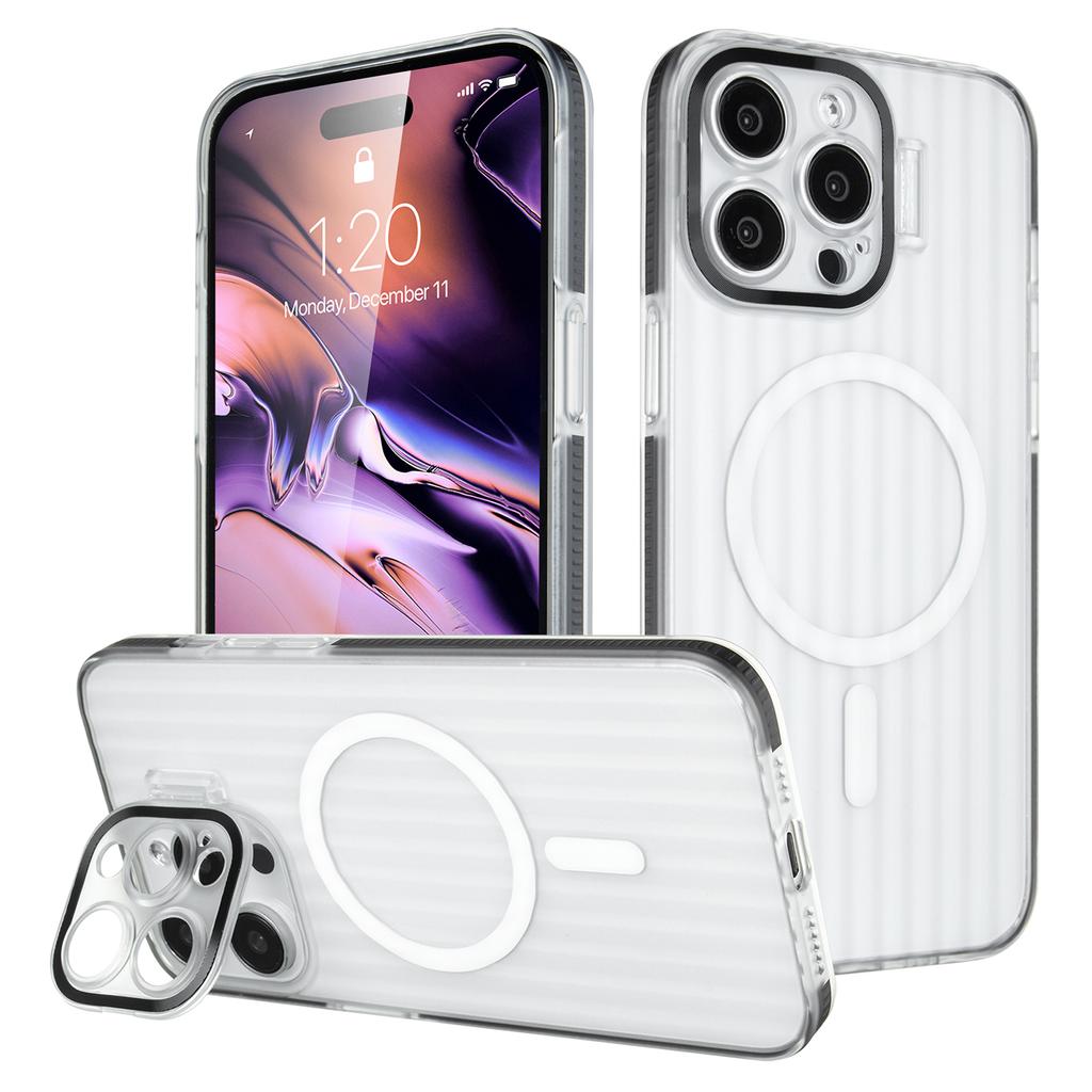 For iPhone 15 Pro Max Magnetic Case Strip Pattern PC+TPU Phone Cover Lens Cap Kickstand