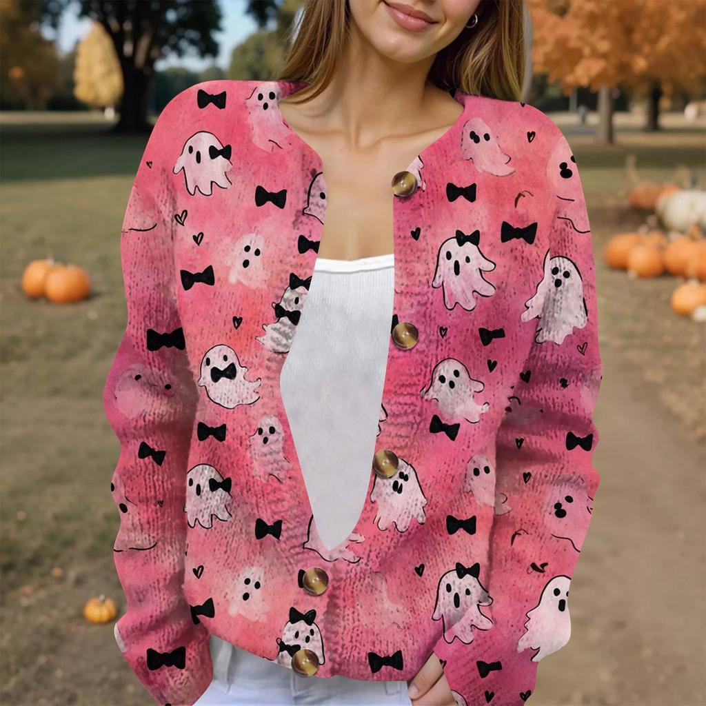 Women's Fashion Printed Long Sleeve Knitted Cardigan Button Down Jacket