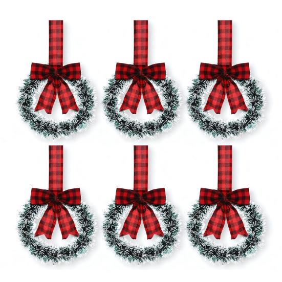 Mini Christmas Cabinet Wreaths 5.1 Inch Small Kitchen Xmas Decor with Red Ribbon Bow Plastic Rattan Fabric Window Door Office Holiday Decoration