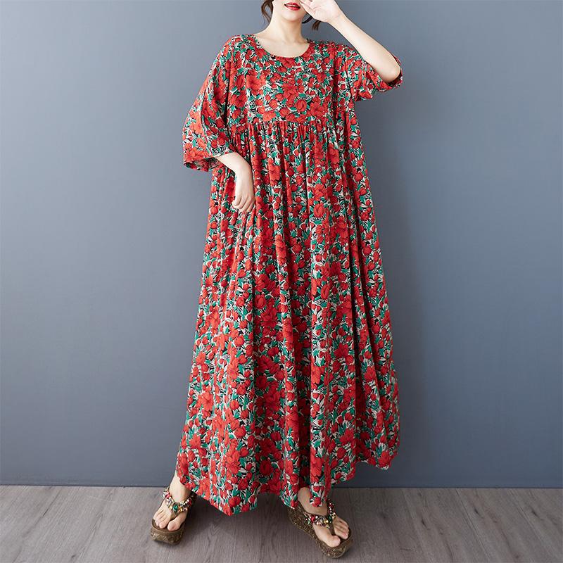 Новое хлопковое винтажное платье с цветочным принтом больших размеров с коротким рукавом для женщин, повседневное свободное длинное летнее платье