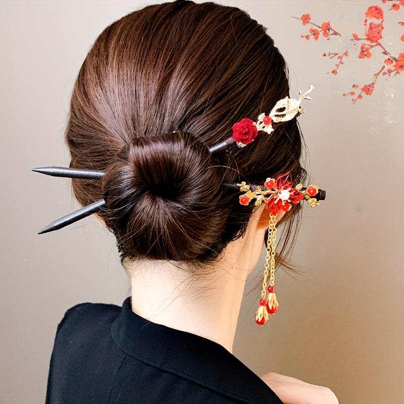 1pc of Wooden Red Rose Flower Tassel Faux Pearl Hairpin, Vintage New Year, Bridal Gift Hair Accessory, Christmas Present