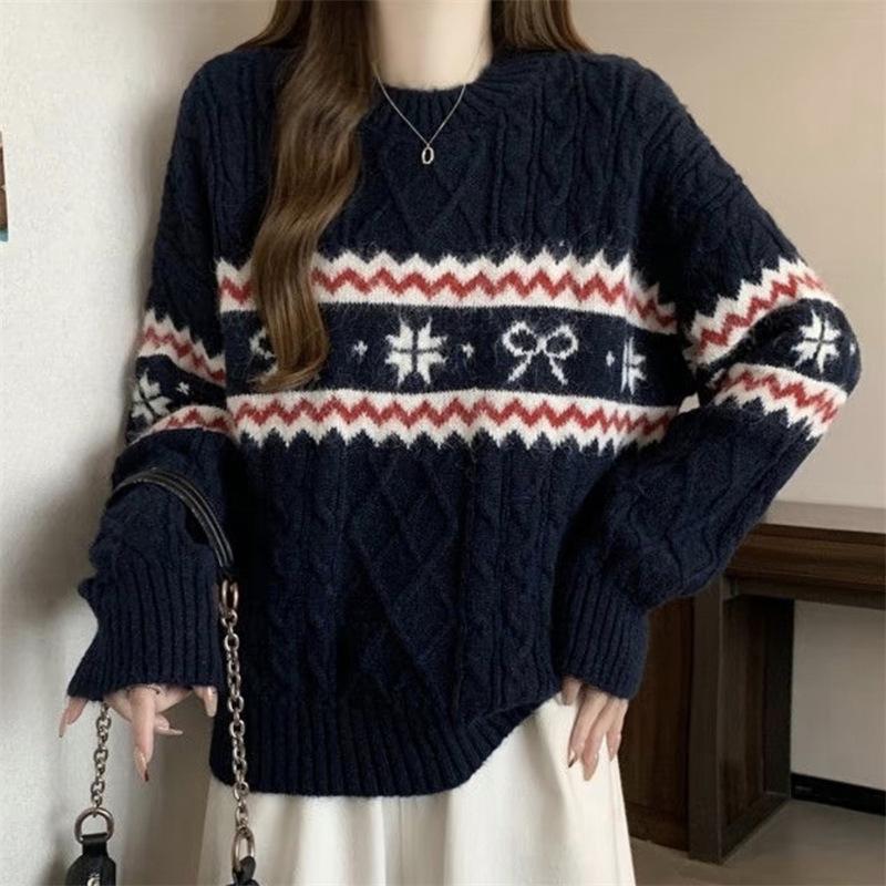 Женский ретро рождественский свитер Fair Isle из чистой шерсти - Теплый, свободный крой, жаккардовая вязка, с круглым вырезом