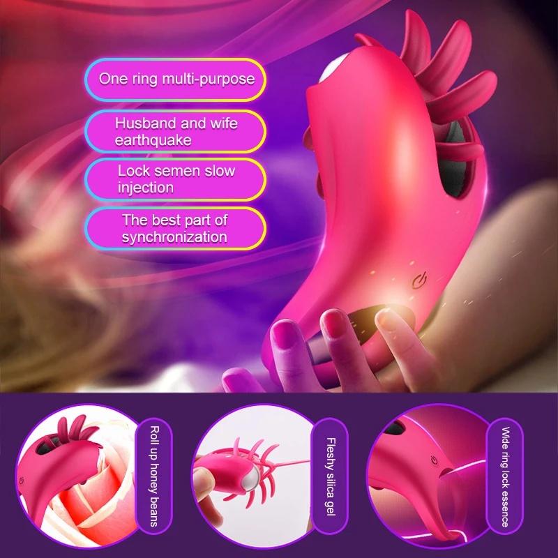 New Vibrator Rotation Tongue Licking Vibrating Penis Ring G-spot Massager for Vagina Clitoris Stimulate for Couples Sex Toys