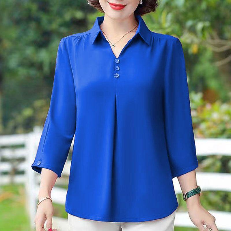 Summer Fashion Polo-neck Solid Color Shirt Ladies Half Sleeve Loose Casual Top Women Elegant Blouse