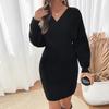 2025 New Autumn and Winter Casual Simple Style V-neck Bat Sleeve Black Waist Pack Hip Sweater Skirt