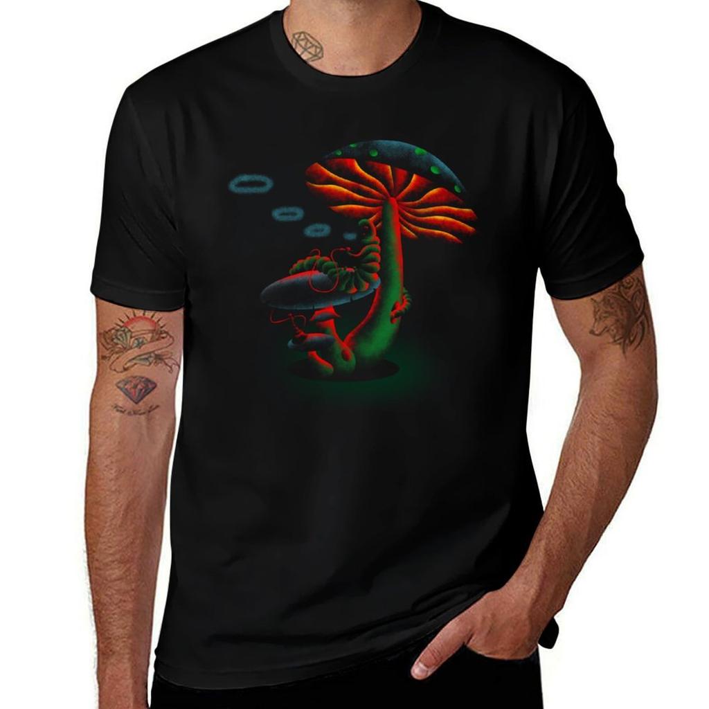 Caterpillar Under The Glowing Mushrooms Tshirt Work Daily Short Sleeve Top