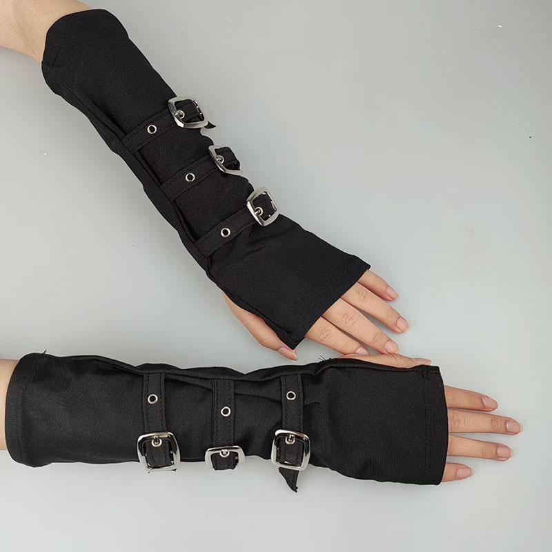 Women Half Finger Metal Buckle Belt Rivet Punk Hip Hop Party Cosplay Dance Mitten Black Fingerless Milk Silk Glove Cuff R46