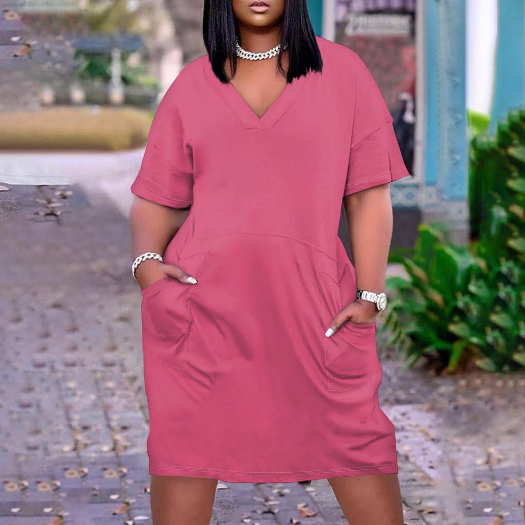 Лето плюс размер V-образным вырезом с коротким рукавом и карманом до колена с градиентным принтом повседневное платье для женщин