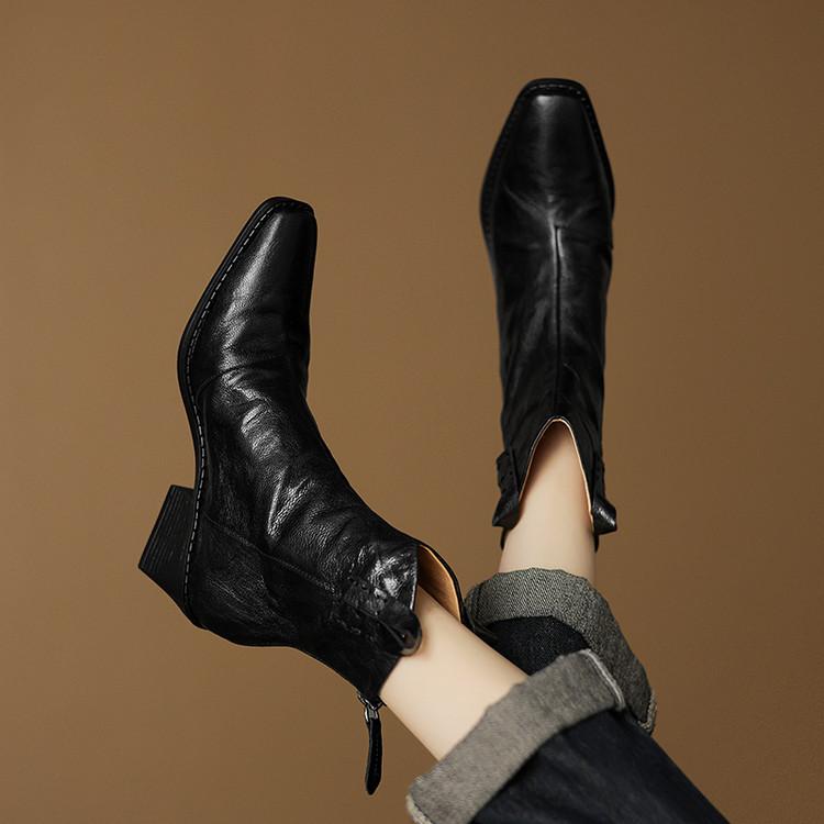 Модные новые осенне-зимние женские ботинки из натуральной кожи с квадратным носком, женские модные ботинки на высоком каблуке, задняя молния, ботинки в западном стиле