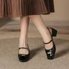 Mary Jane Single Shoes Women's Small Fragrant Style Black and White Apricot Splicing Medium Heel Thick Heel Shoes Women's Sandals One Word Belt Shoes