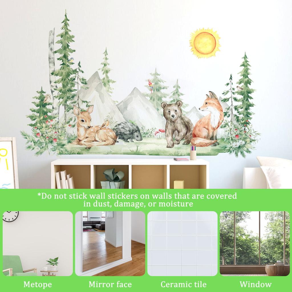 3Pcs Woodland Wall Decals DIY Large Pine Tree Forest Animal Bear Fox Peel & Stick Wall Art Sticker for Kid's Room Bedroom Decor