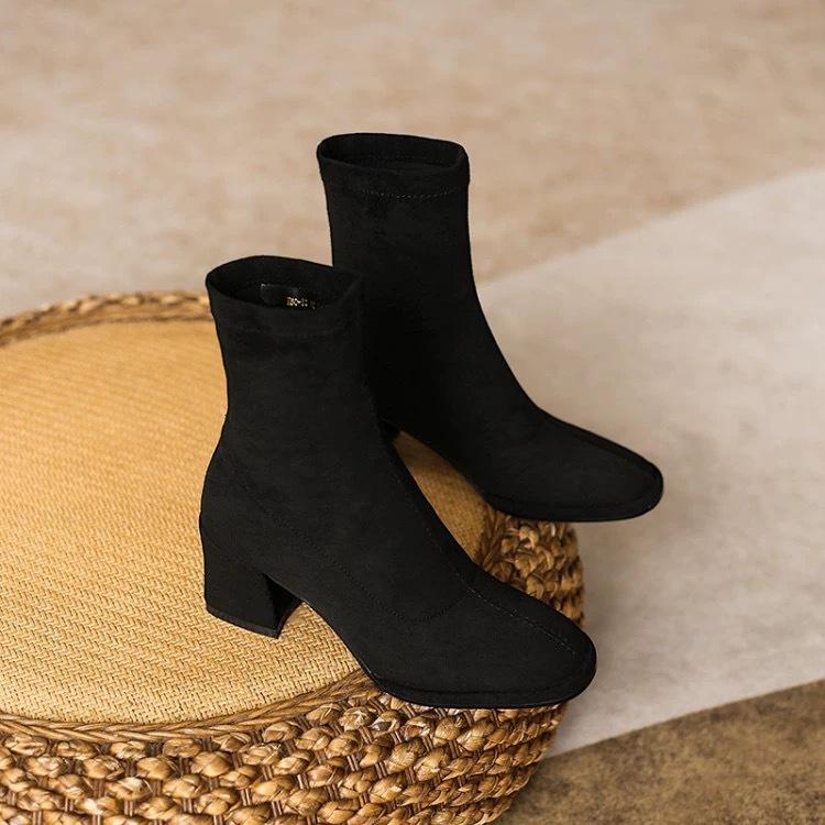 Autumn and winter new suede square head versatile elastic boots women's small velvet warm thick heel thin boots
