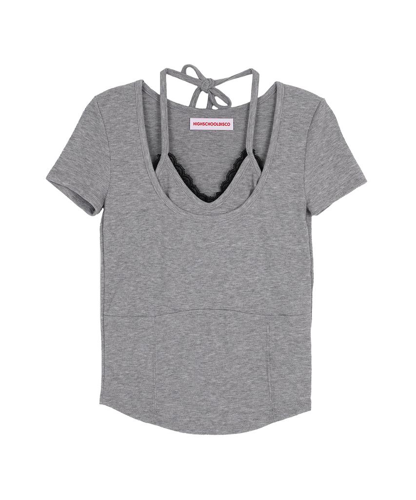 HIGH SCHOOL DISCO Lace Halter Neck Short Sleeve T-Shirt Gray