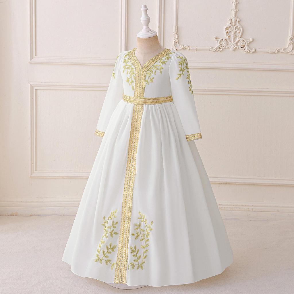 Вечернее платье из шифона с вышивкой и юбкой с лентами для девочек, с длинным рукавом