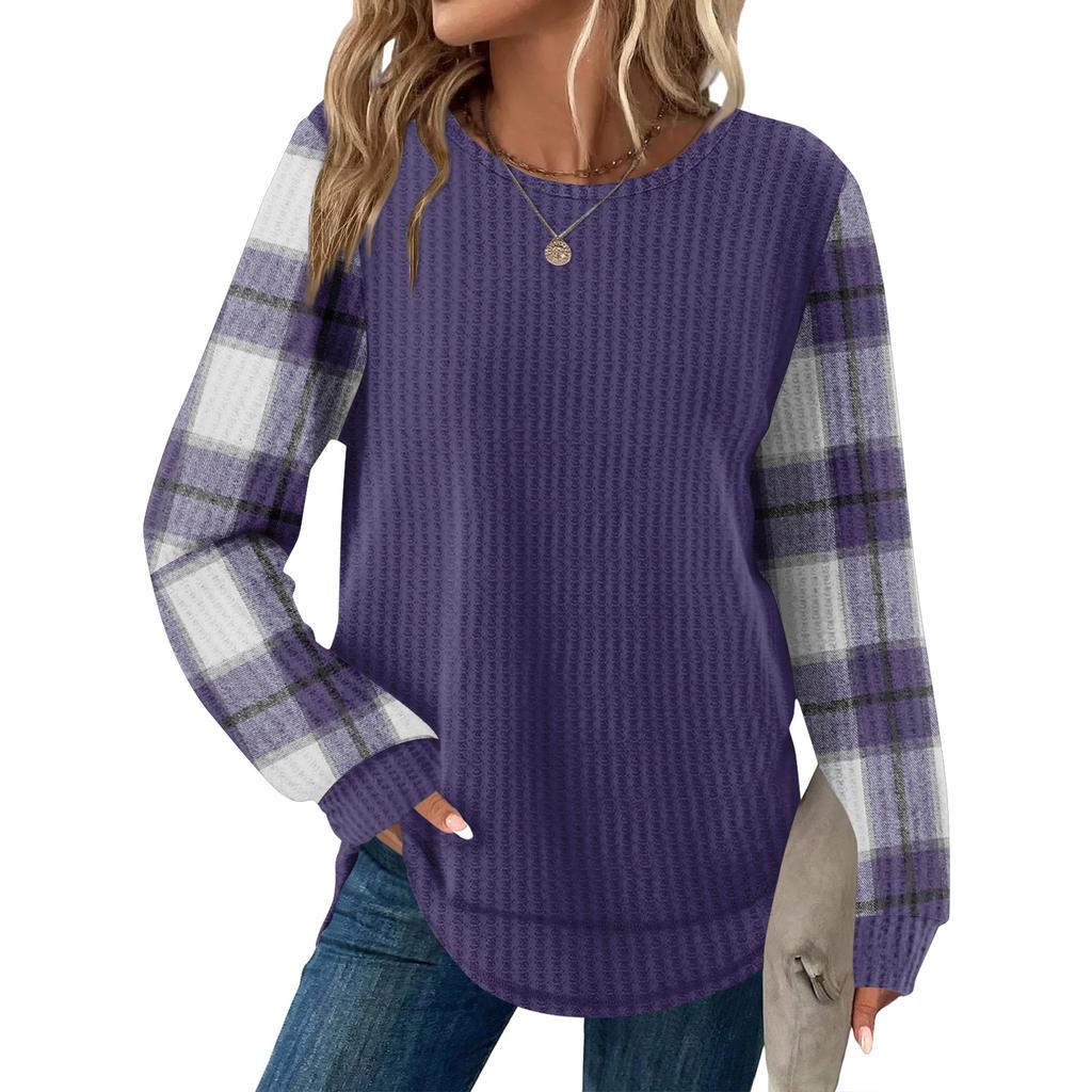 Женский повседневный топ свободного кроя с круглым вырезом и длинными рукавами в клетку