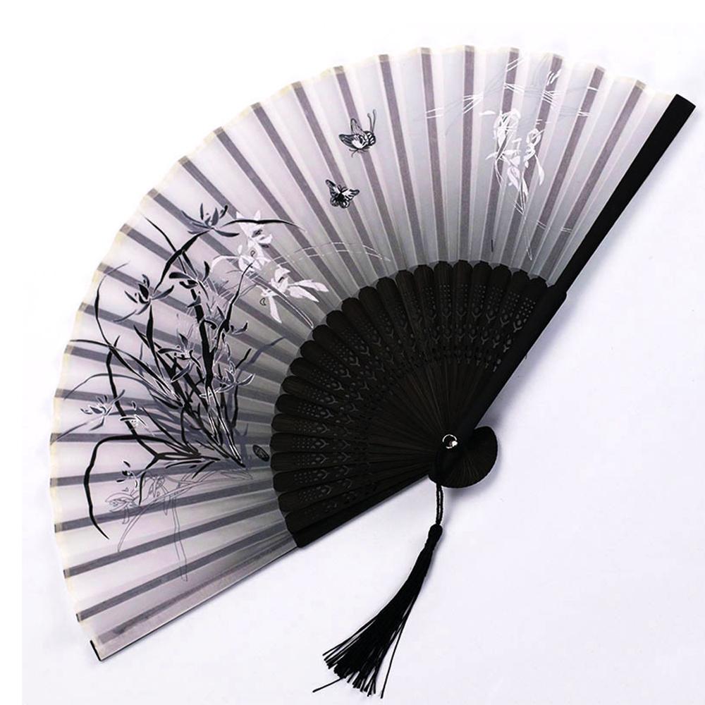 Китайский складной веер с деревянным хвостовиком, веер для классических танцев, высококачественный элегантный женский веер с кисточкой