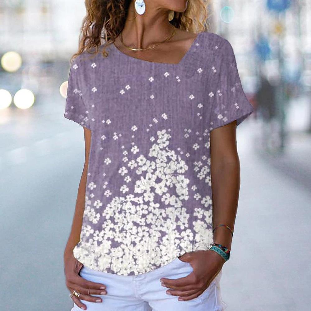 Женские футболки с цветочным принтом Женская одежда Топы с короткими рукавами Толстовки с v-образным вырезом Уличная одежда Футболки большого размера Женская футболка