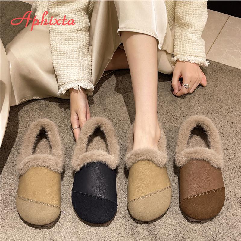 Fashion Aphixta Soft Furry Loafers Flat With Women Shoes Black Casual Round Toe Flats Woman Classic Shoe Autumn Winter Loafers