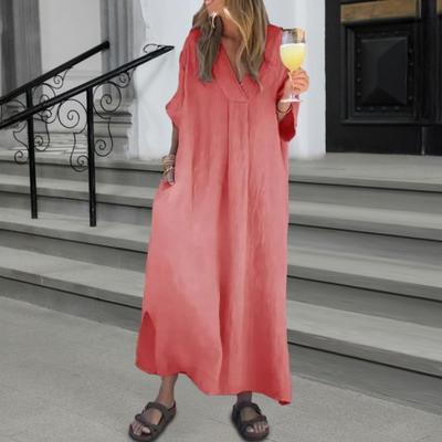 Женское свободное платье макси с V-образным вырезом, коротким рукавом, длинное платье, летнее повседневное пляжное платье-сарафан А-силуэта с карманами