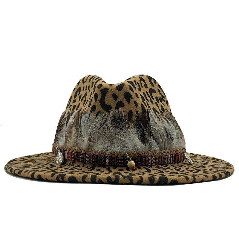 2019 New Trend Unisex Flat Brim Wool Felt Jazz Fedora Hats Men Women Leopard Grain Feather Band Decor Trilby Panama Formal Hats