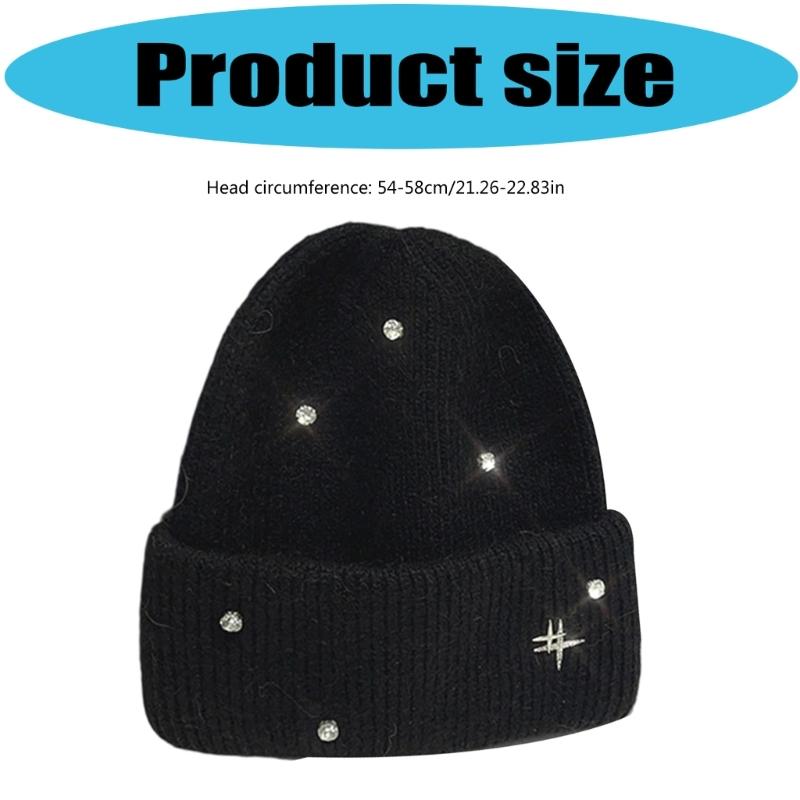 Acrylic Fibre Knitted Brimless Hat with Rhinestones Decors Winter Warm Skull Cap For Women Teens Girl Daily Outfit