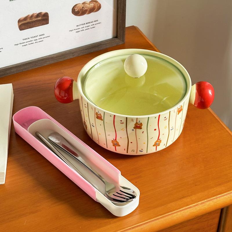 Ins мультяшная керамическая миска для лапши быстрого приготовления в горошек с крышкой, студенческое общежитие, миска для супа с улиткой, двуушная керамическая суповая миска, высококачественная посуда