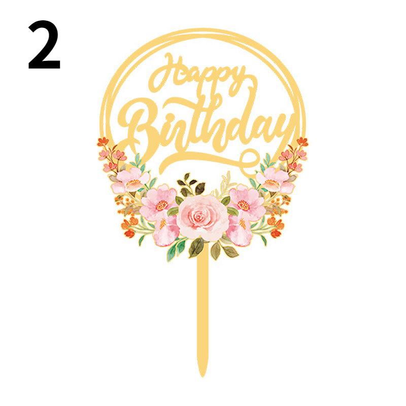 Flowers Cake Topper Happy Birthday Gold Silver Birthday Party Cake Insert Acrylic Cake Decoration Wedding Cakes Dessert Decor