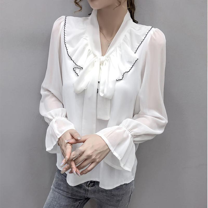 V-neck Chiffon Shirt Women's Long-sleeved Spring and Summer Tops Design Niche Lantern Sleeve Chiffon Shirt