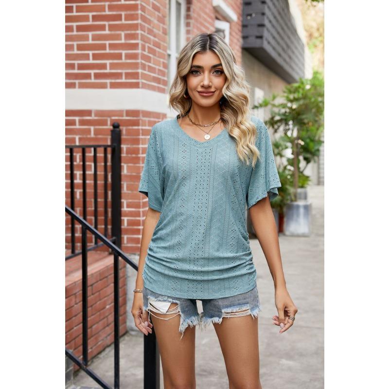 Summer Women's T-shirt with Hollowed Out V-neck Pleated Casual Top