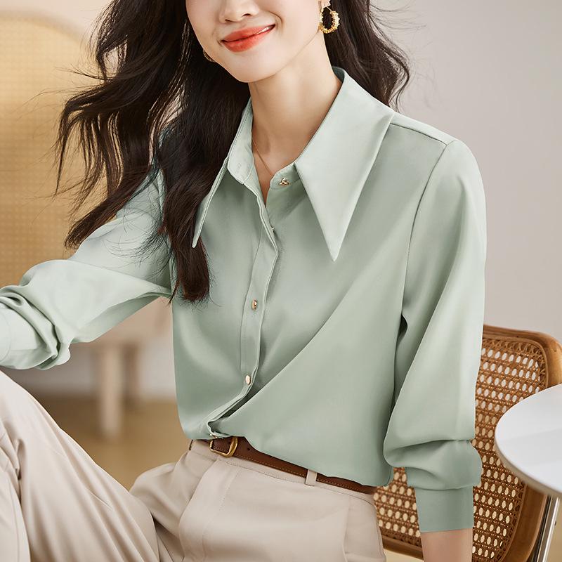 Women's Ash Blue Satin Long Sleeve Shirt - Retro Hong Kong Style, Spring Commute, Concealed Placket, Versatile Drapey Blouse