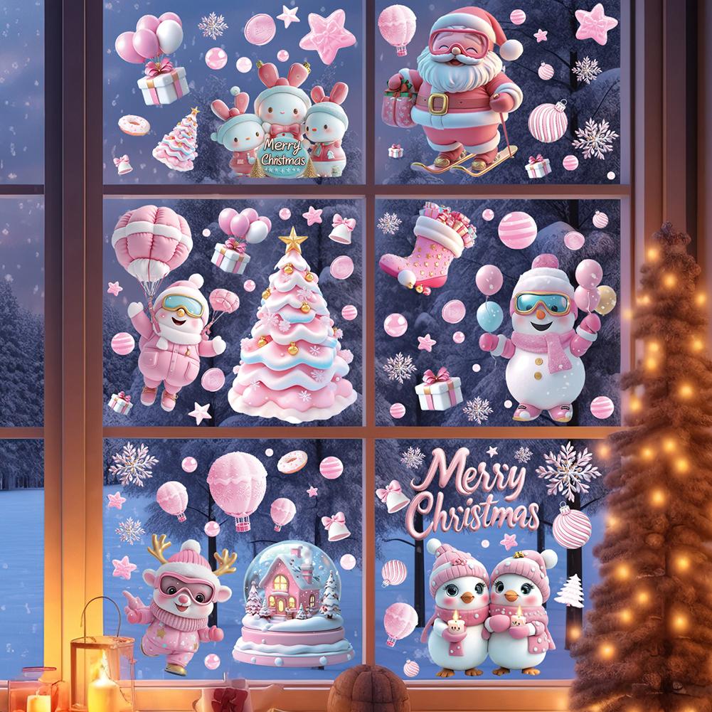 9pcs/set Christmas Static Cling Stickers Window Decals Santa Claus Scene Festive Window Decals Christmas Home Party Decor