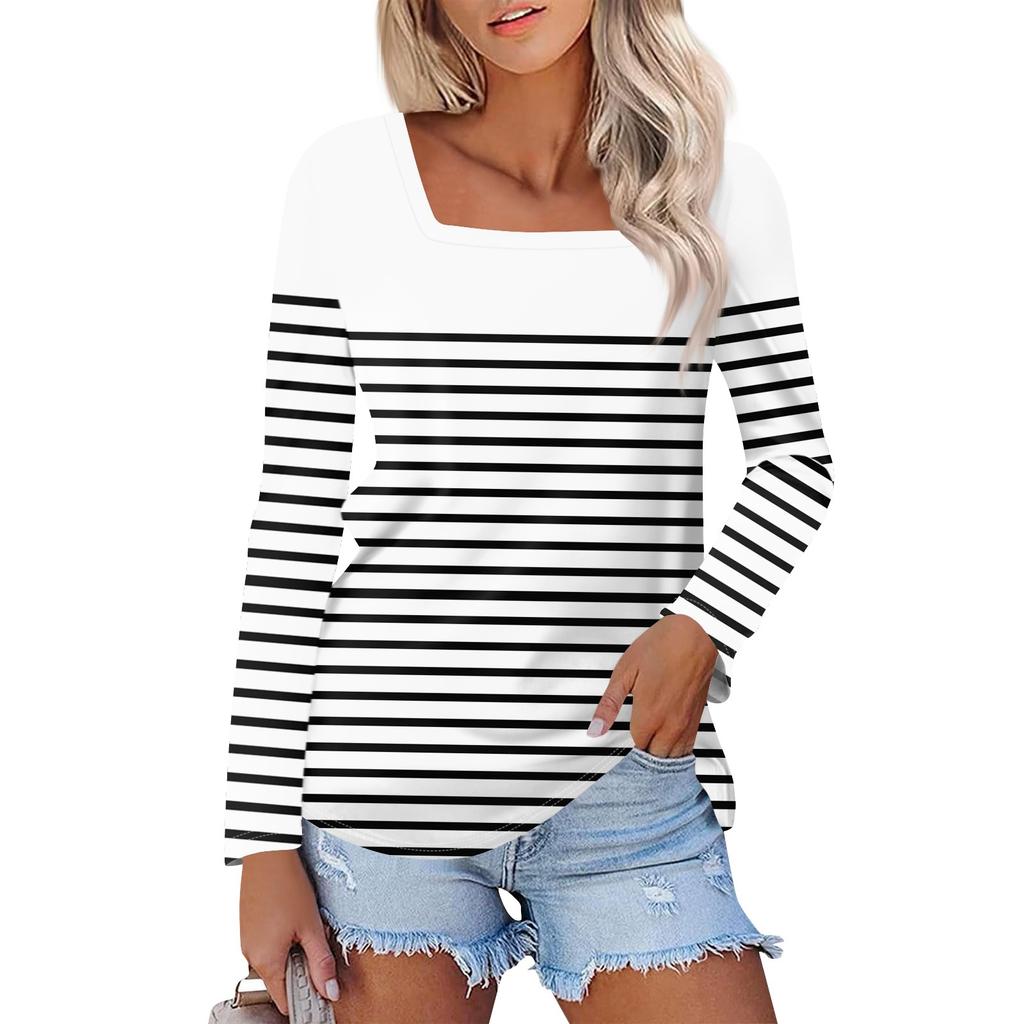 Рубашка для женщин, модная повседневная свободная футболка с квадратным вырезом и длинным рукавом с принтом, женский топ