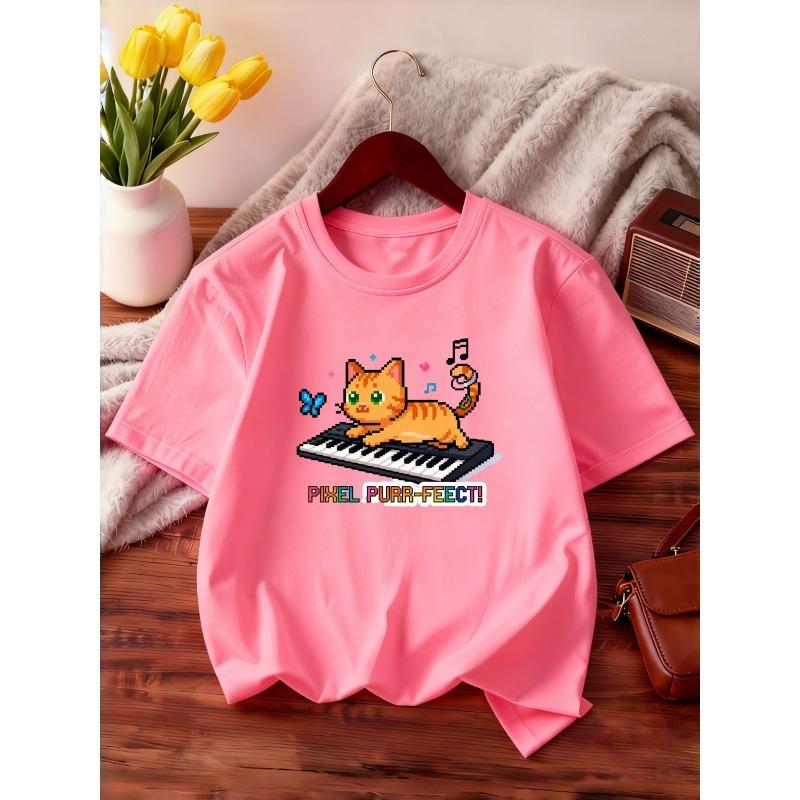 European sizes Summer Girls' Round Neck T-Shirt, Casual Short Sleeve, Comfortable and Sporty Fashion, Fun Cartoon Cat Playing Piano Print Top