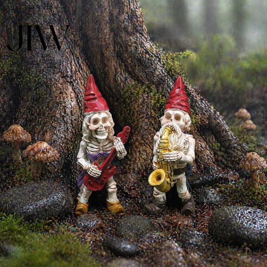 Gothic Lawn Ornaments Halloween Skeleton Gnome Musician Resin Figurine, Hand-Painted Statue with Guitar Creative Goth Garden Accessories Saxophone,