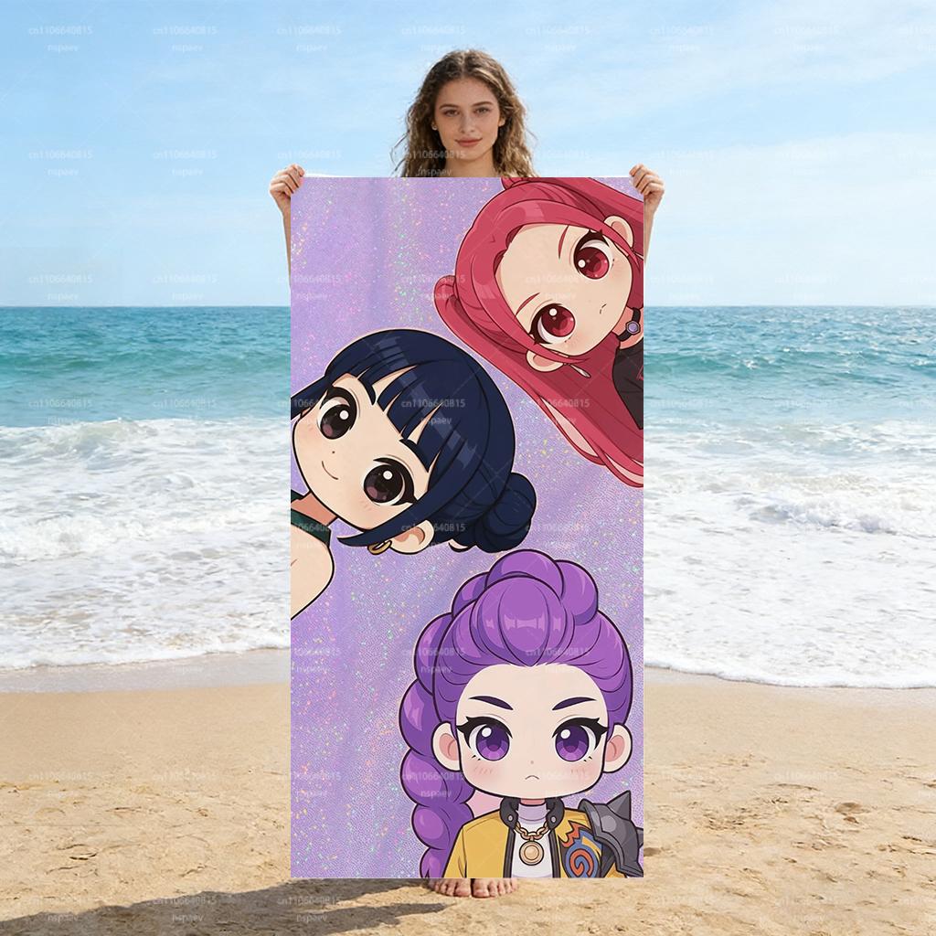 Чиби Аниме Пляжное полотенце K-Pop Девичьей группы, Сверкающий фиолетовый принт, Быстросохнущее банное полотенце, Мягкое микрофибровое одеяло в подарок фанату