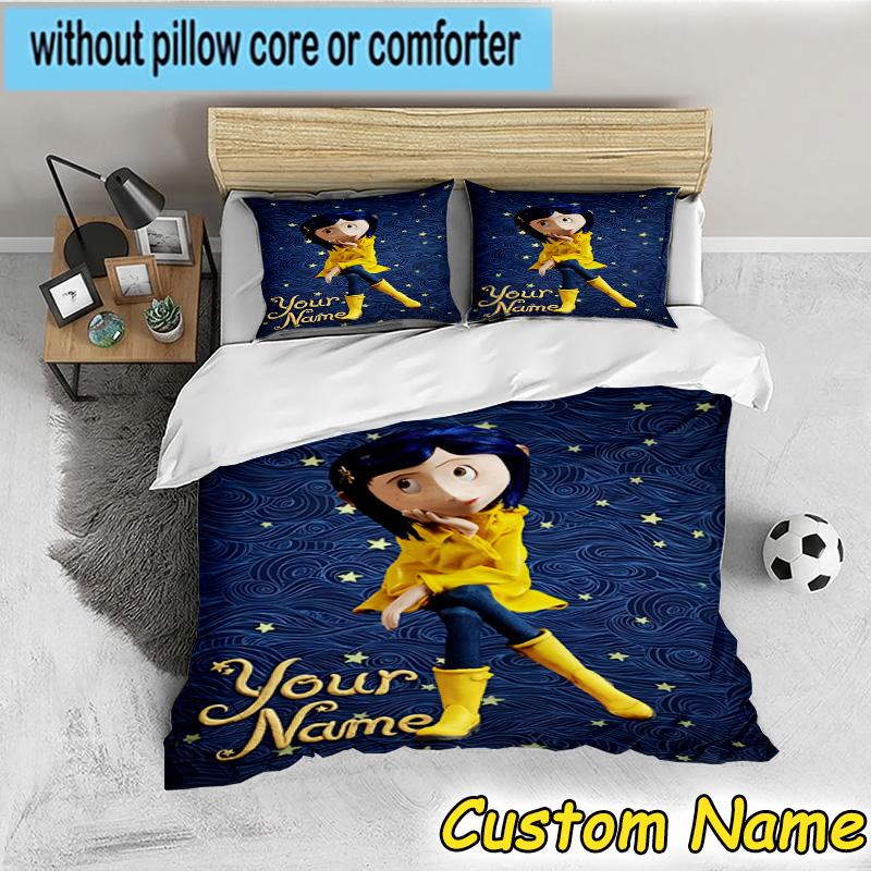 3pcs Custom Name Mystery Coraline's World Bedding Set Includes 1 Duvet Cover & 2 Pillowcases for All Seasons Dormitory Home Decor Christmas gifts