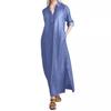 Women's Denim Maxi Dress Casual Roll-up Sleeve Split Dress with Pockets Plus Size Button Up Lapel V Neck Long Dress