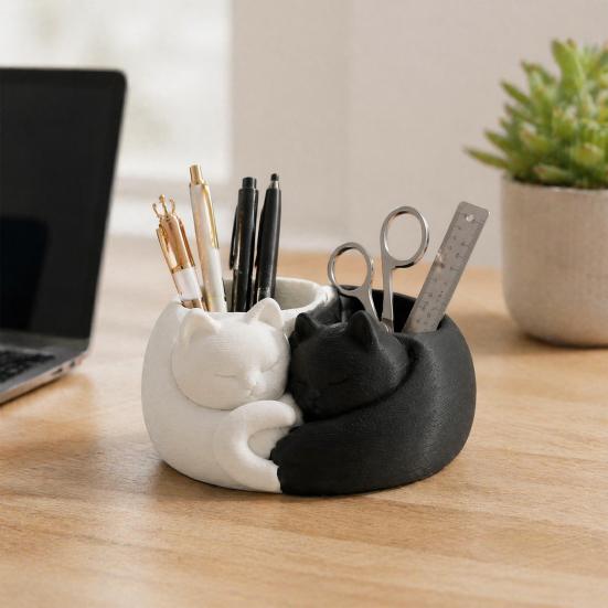 Plastic Pen Stand 3D Printed Cat Holder, Cute Sleeping Kitty Stationery Organizer, 2-in-1 Desktop Organizer for Makeup Brushes Home Office Decor Brush