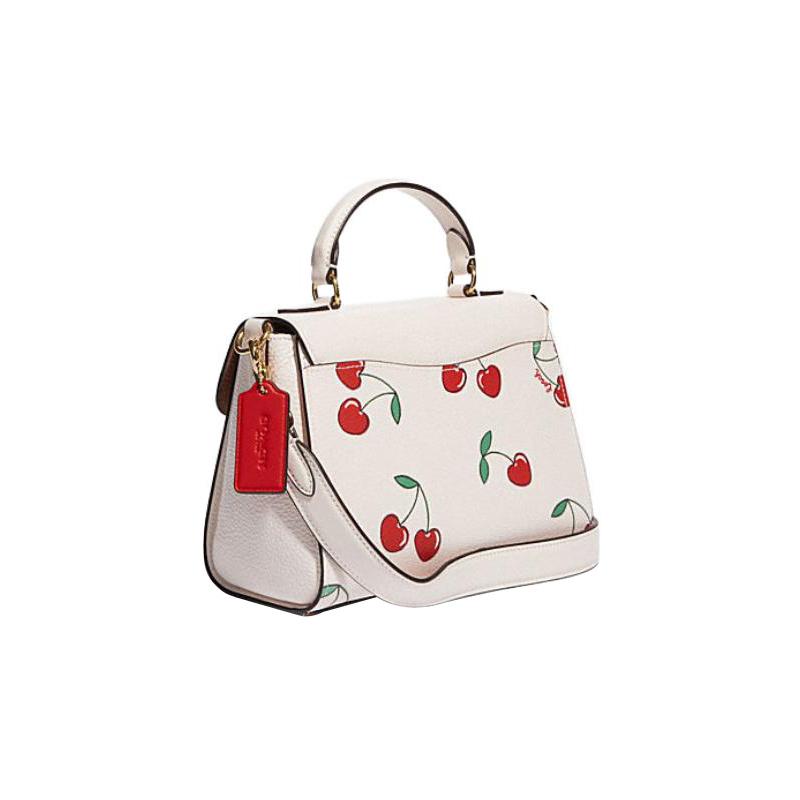 COACH Morgan 21 snap button flap closure heart cherry print artificial leather with calfskin shoulder crossbody handbag small women's white