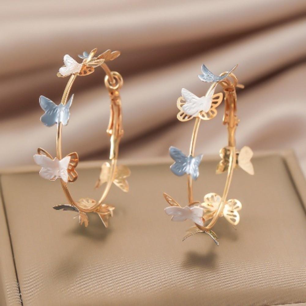 Creative Trendy Butterfly Hoop Earrings Elegant Oil Dripping Round Circle Earrings Geometry Metal Simple Statement Jewelry Women