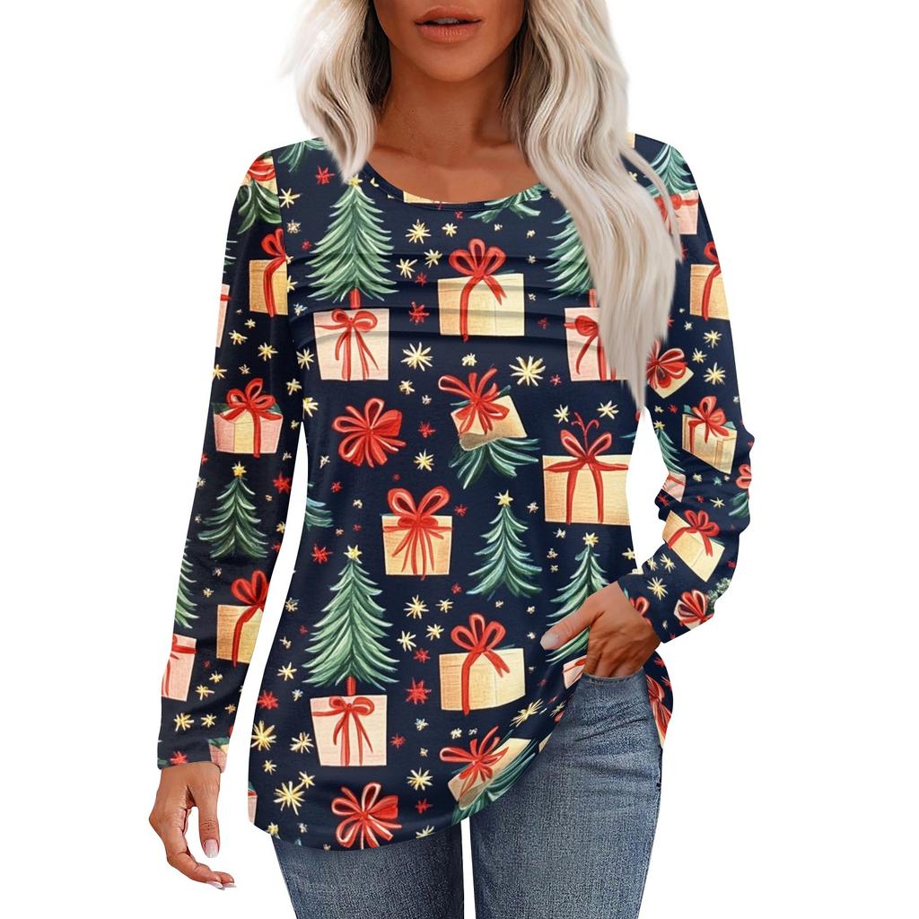 Женская повседневная мода рождественский принт круглый вырез плиссированный длинный рукав топ