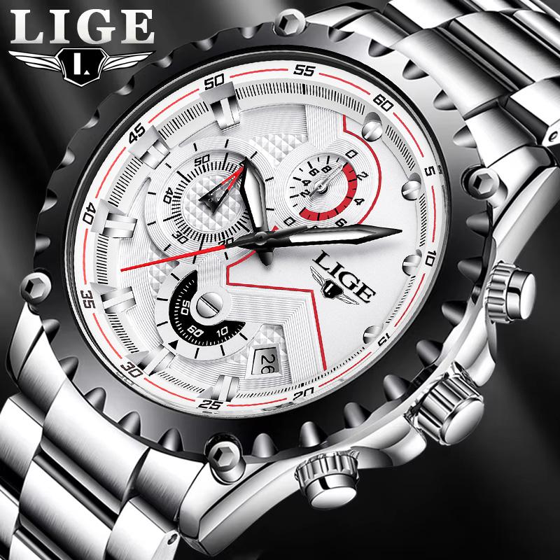 LIGE Fashion Mens Watches Top Luxury Brand Silver Stainless Steel 30m Waterproof Quartz Watch for Men Army Military Chronograph