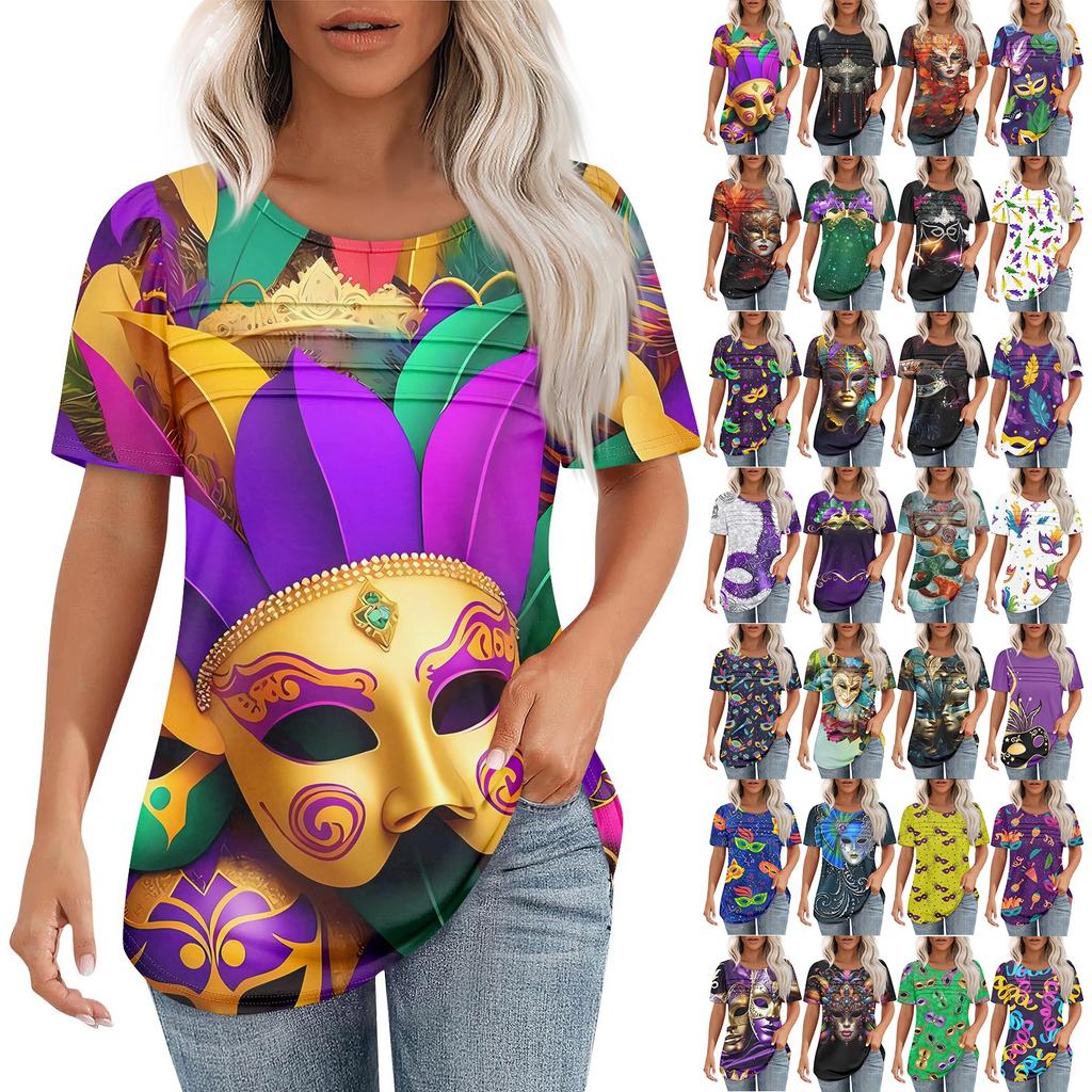 Women's Carnival Mask Print Short Sleeve Loose Round Neck Pleated Top