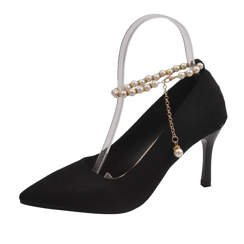 Fashion Stiletto Single Shoes Autumn New Pointed Toe Shallow Mouth Beaded One Strap Anti-Slip Wear-Resistant High Heels