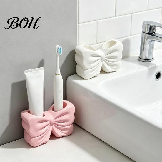 No Drill Bathroom Accessory 3D Printed Bow Toothbrush Holder, Adhesive Cup with Dual Holes for Double Hole Holder & Toothpaste, Cute Organizer Decor,
