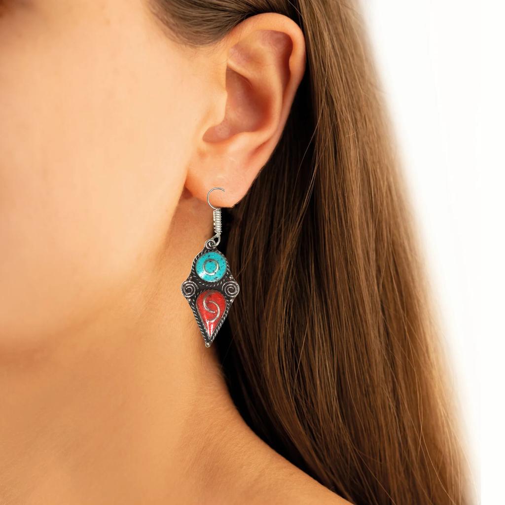 Tibetan Turquoise Coral Red Earrings Nepali Tribal 12gms 1.5" 1.6" Chunky Gift